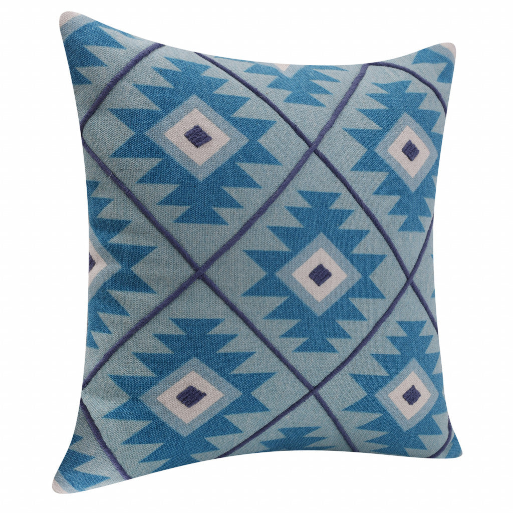 20" X 20" Blue 100% Cotton Geometric Zippered Pillow