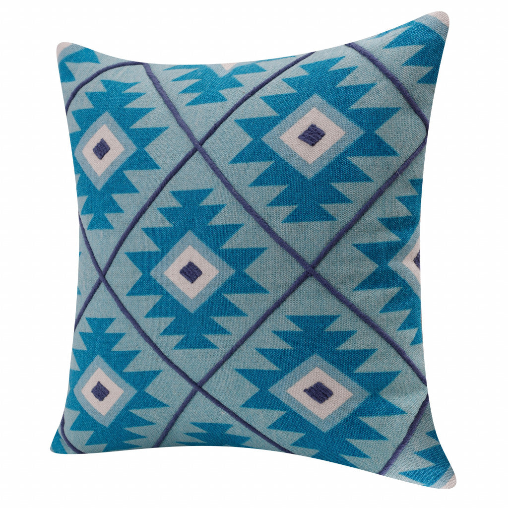 20" X 20" Blue 100% Cotton Geometric Zippered Pillow