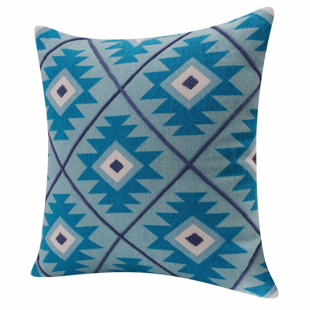 20" X 20" Blue 100% Cotton Geometric Zippered Pillow