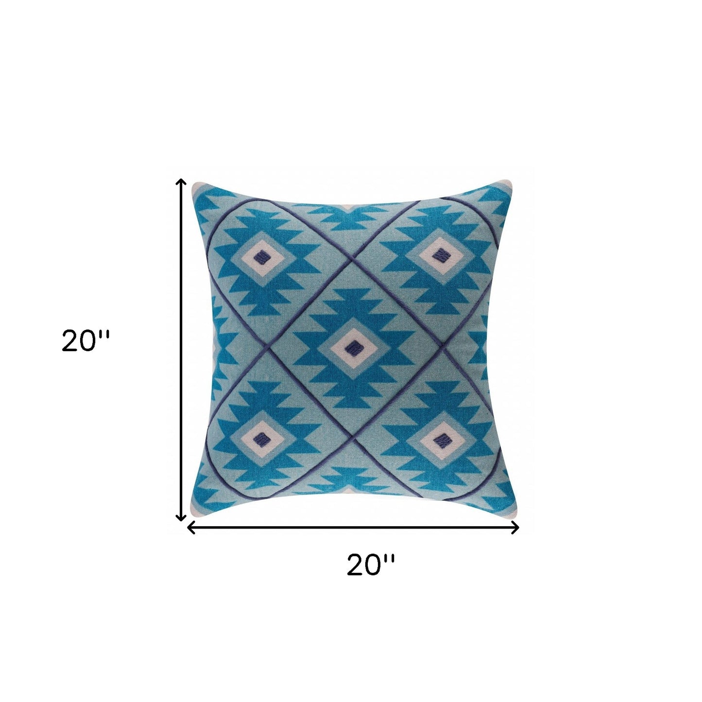 20" X 20" Blue 100% Cotton Geometric Zippered Pillow