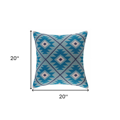 20" X 20" Blue 100% Cotton Geometric Zippered Pillow