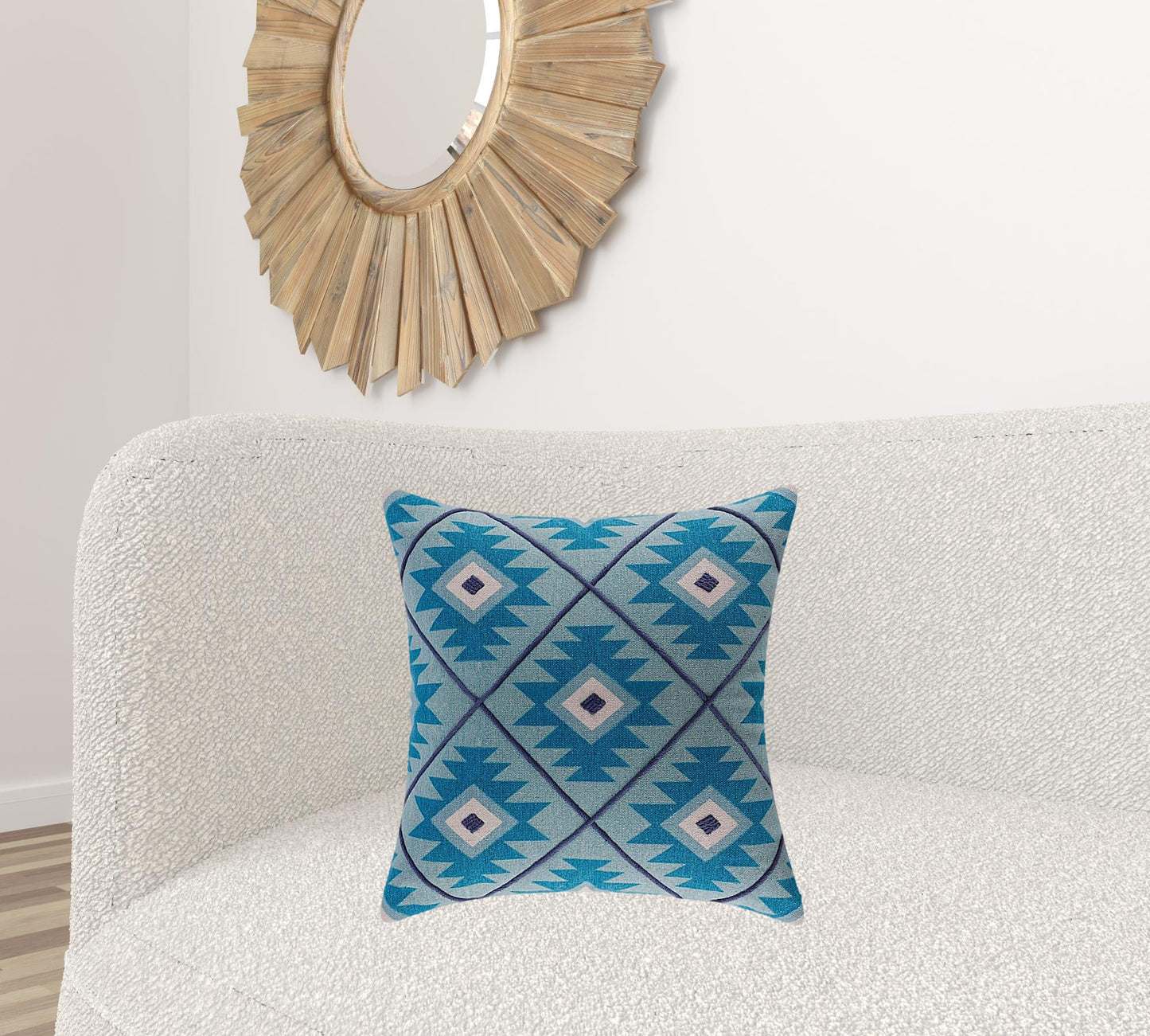 20" X 20" Blue 100% Cotton Geometric Zippered Pillow