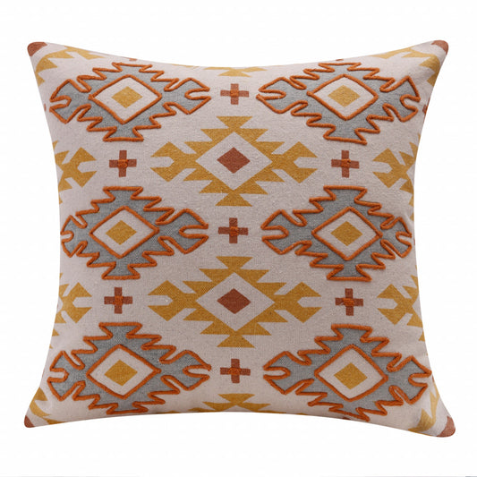 20" X 20" Yellow And Rust 100% Cotton Geometric Zippered Pillow