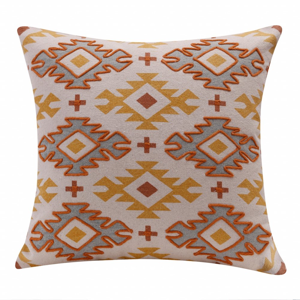 20" Yellow And Rust Cotton Geometric Throw Pillow