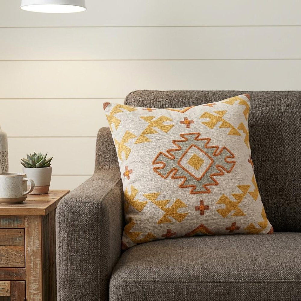20" X 20" Blue And Gray 100% Cotton Geometric Zippered Pillow