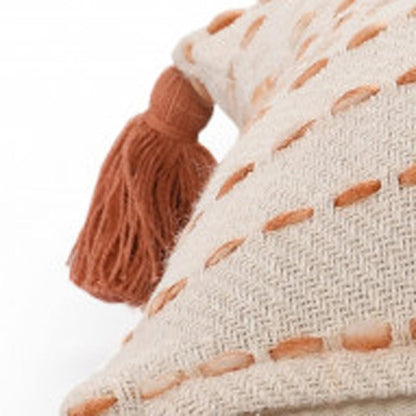 20" Olive Green And Ivory Cotton Striped Throw Pillow with Tassels