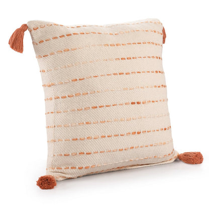 20" Olive Green And Ivory Cotton Striped Throw Pillow with Tassels