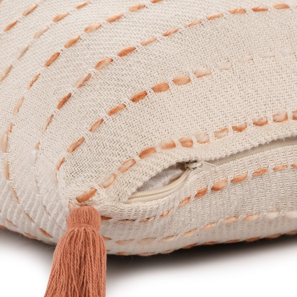 20" Olive Green And Ivory Cotton Striped Throw Pillow with Tassels