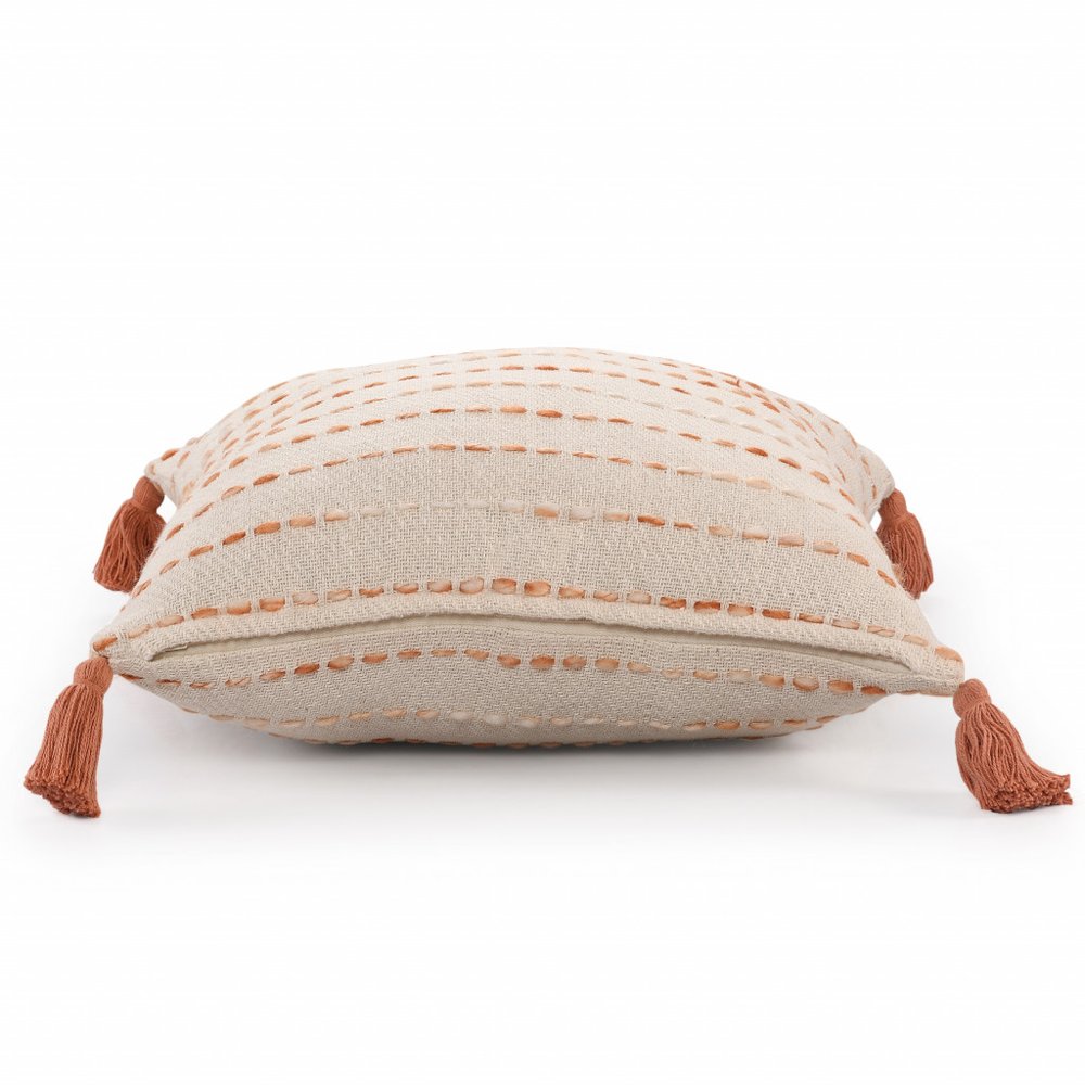 20" Olive Green And Ivory Cotton Striped Throw Pillow with Tassels