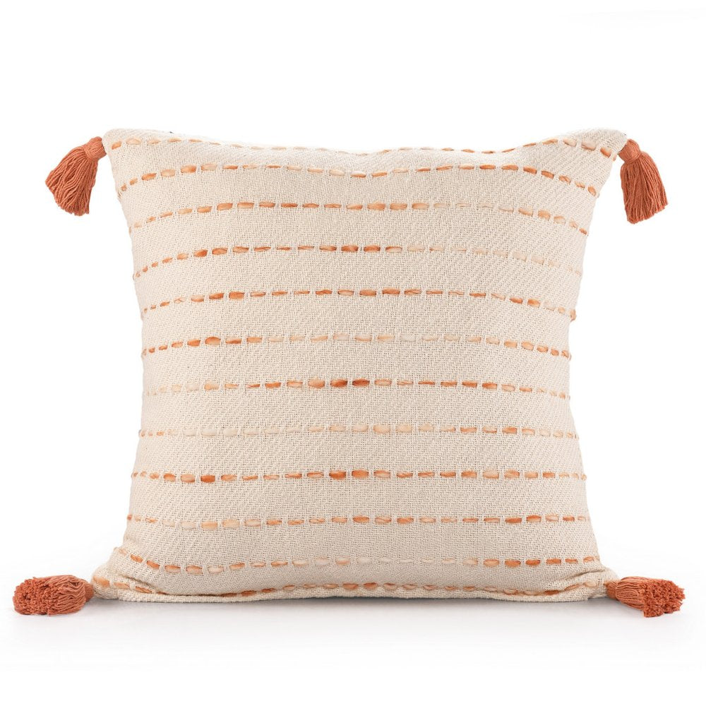 20" Olive Green And Ivory Cotton Striped Throw Pillow with Tassels