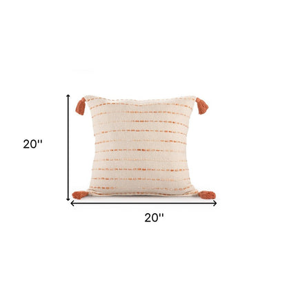 20" Olive Green And Ivory Cotton Striped Throw Pillow with Tassels