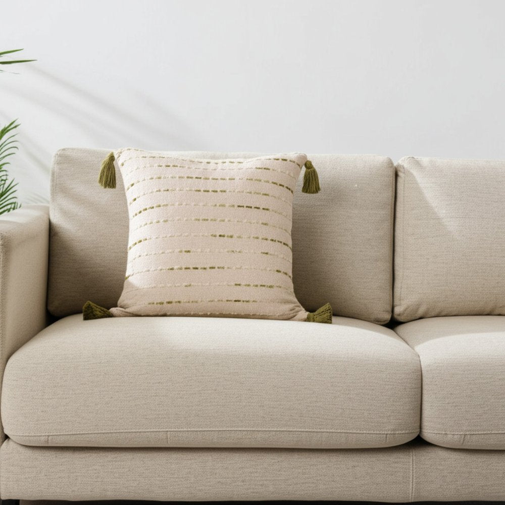20" Olive Green And Ivory Cotton Striped Throw Pillow with Tassels
