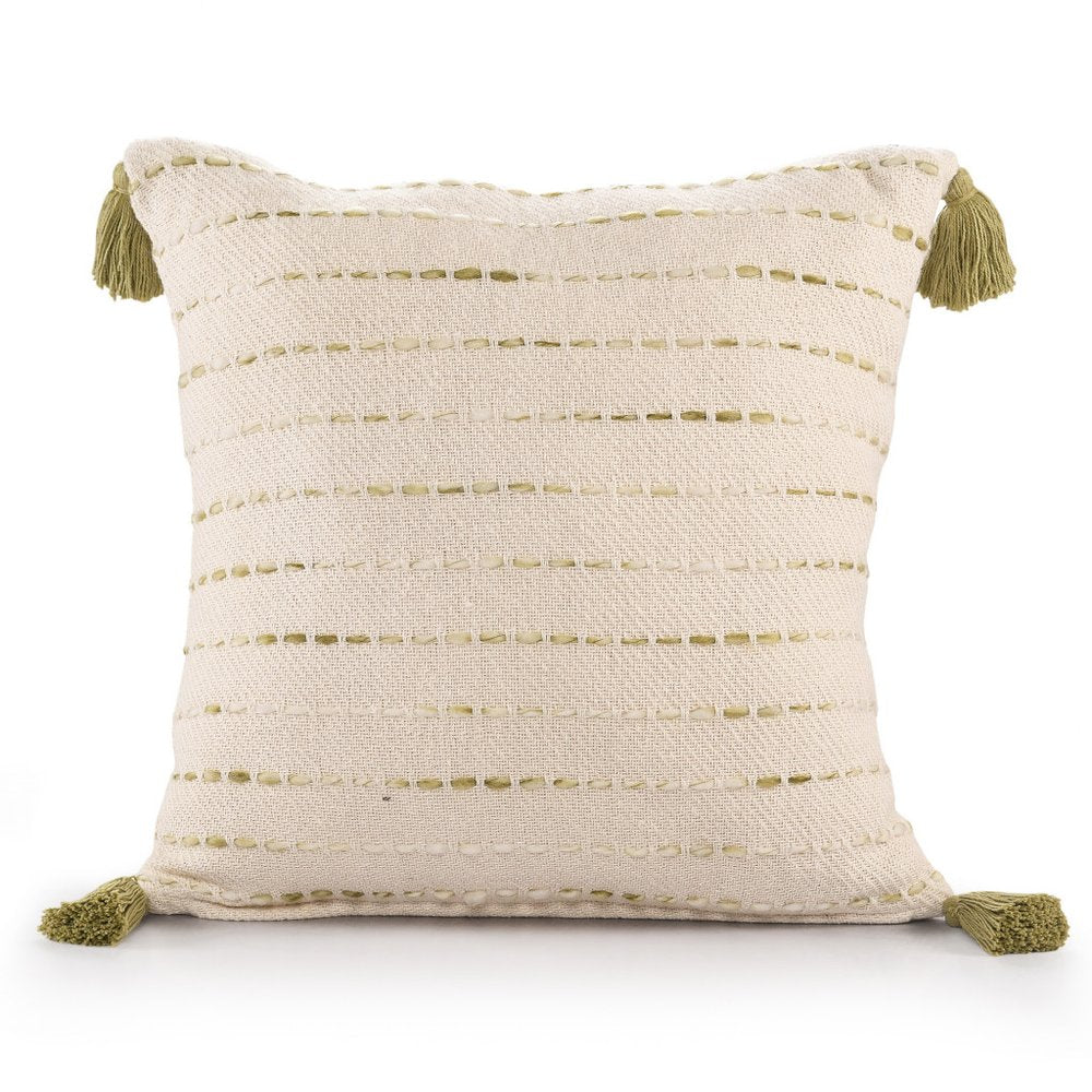 20" Olive Green And Ivory Cotton Striped Throw Pillow with Tassels