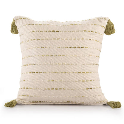 20" Olive Green And Ivory Cotton Striped Throw Pillow with Tassels