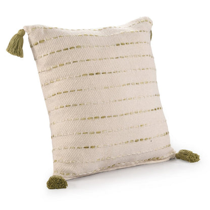 20" Olive Green And Ivory Cotton Striped Throw Pillow with Tassels