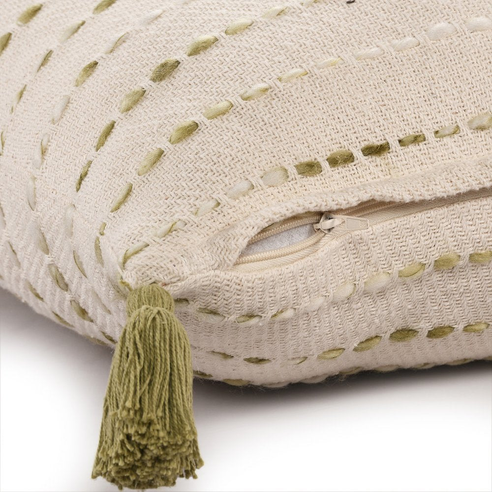 20" Olive Green And Ivory Cotton Striped Throw Pillow with Tassels