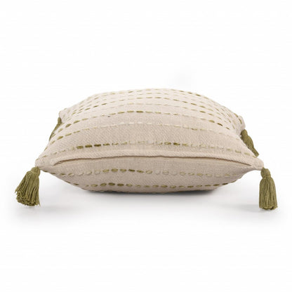 20" Olive Green And Ivory Cotton Striped Throw Pillow with Tassels