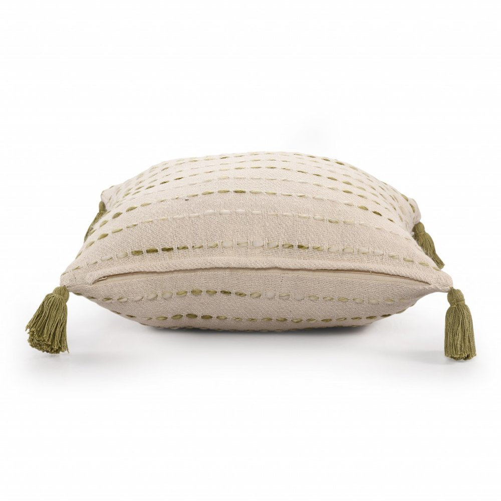 20" Olive Green And Ivory Cotton Striped Throw Pillow with Tassels