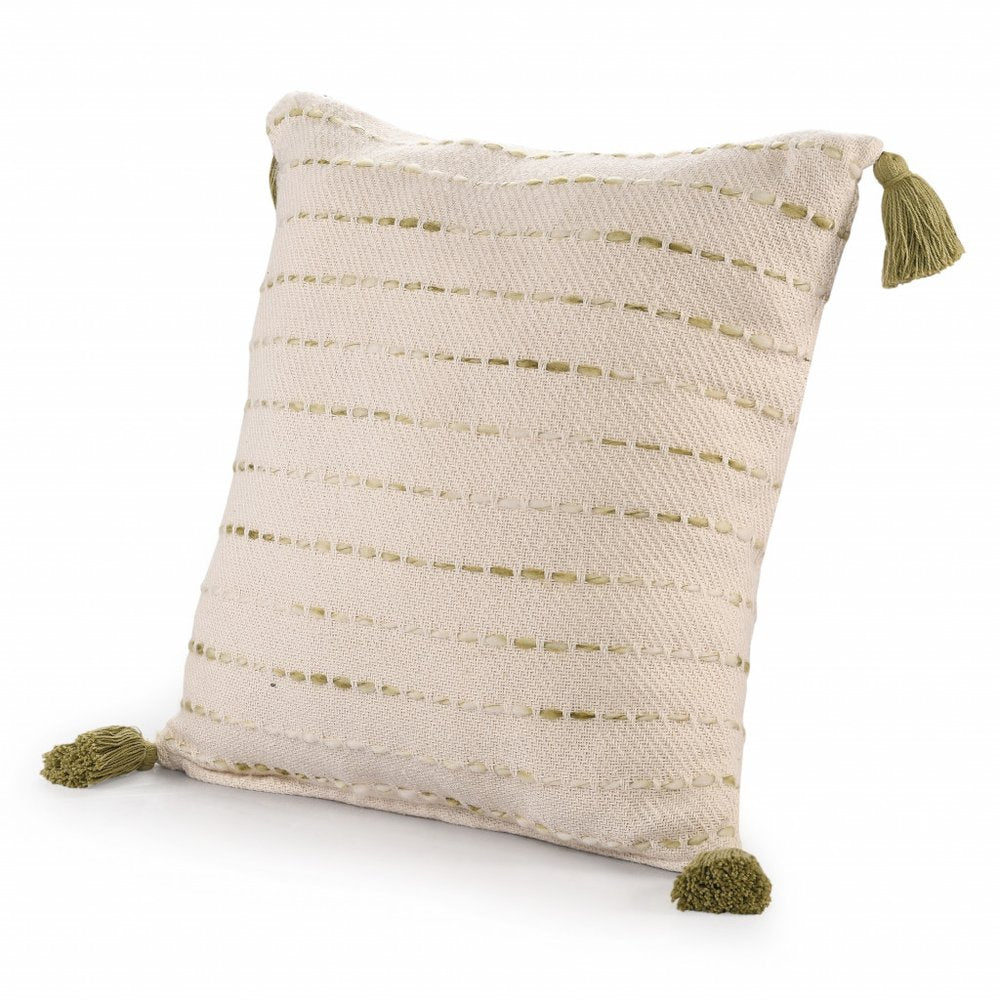 20" Olive Green And Ivory Cotton Striped Throw Pillow with Tassels
