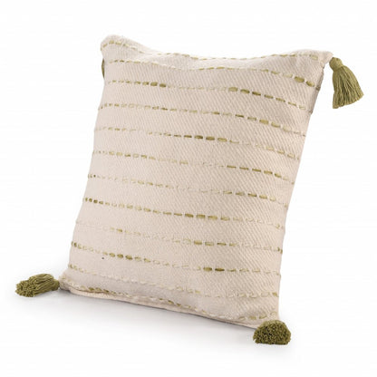 20" Olive Green And Ivory Cotton Striped Throw Pillow with Tassels