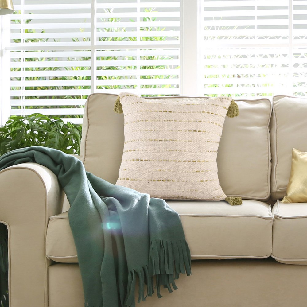 20" Olive Green And Ivory Cotton Striped Throw Pillow with Tassels
