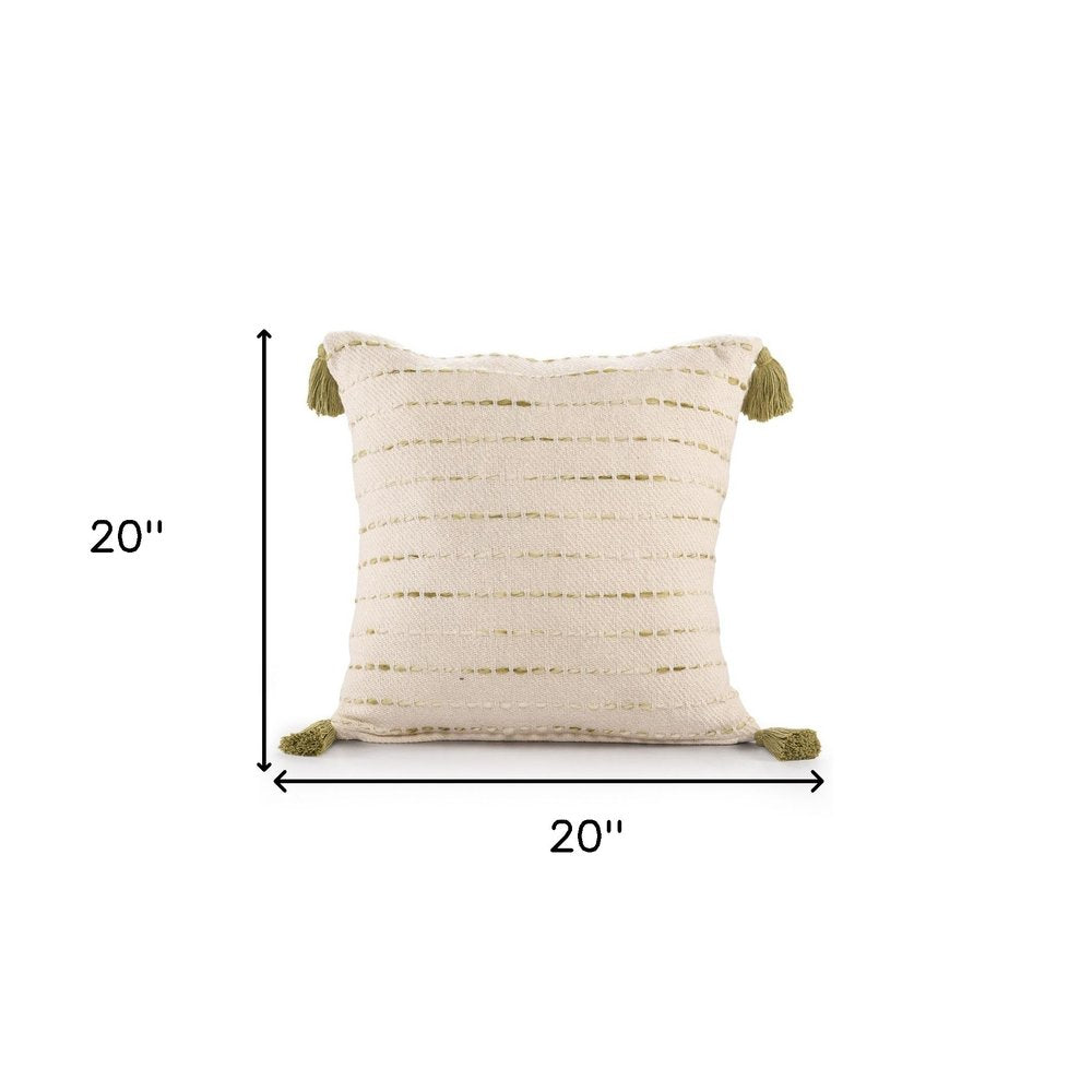 20" Olive Green And Ivory Cotton Striped Throw Pillow with Tassels