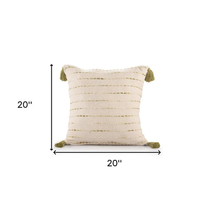20" Olive Green And Ivory Cotton Striped Throw Pillow with Tassels