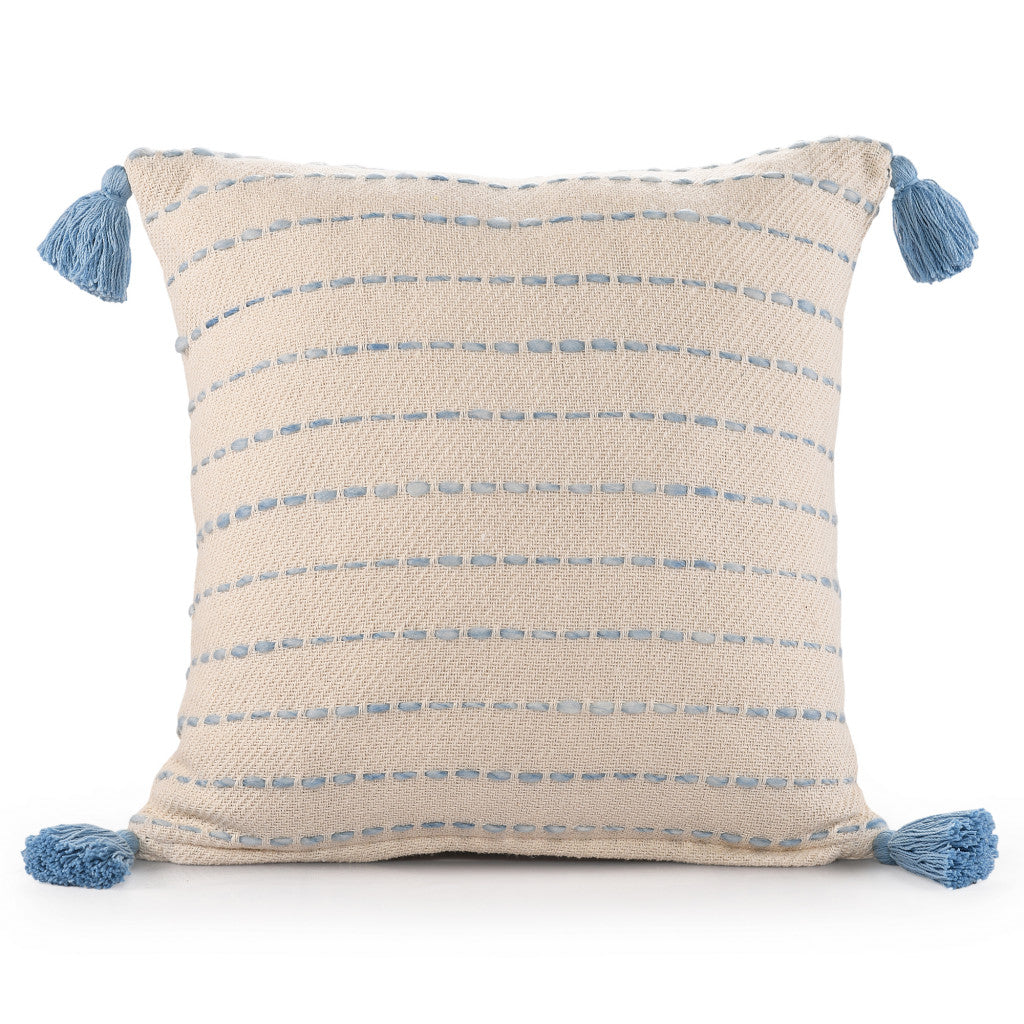 20" X 20" Denim Blue And Ivory 100% Cotton Striped Zippered Pillow