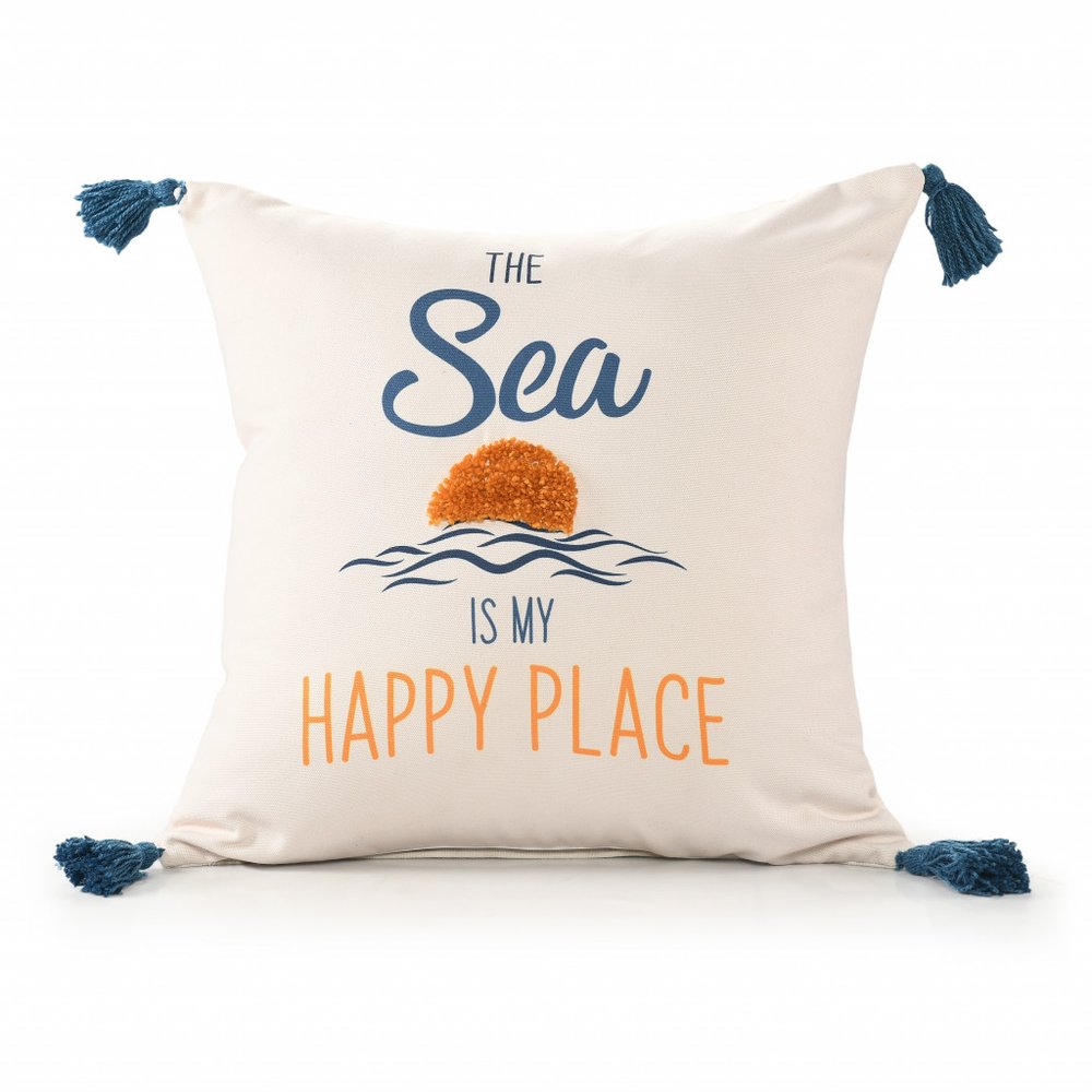20" White Navy Blue And Yellow Fabric The sea is my happy place Text Throw Pillow with Tassels
