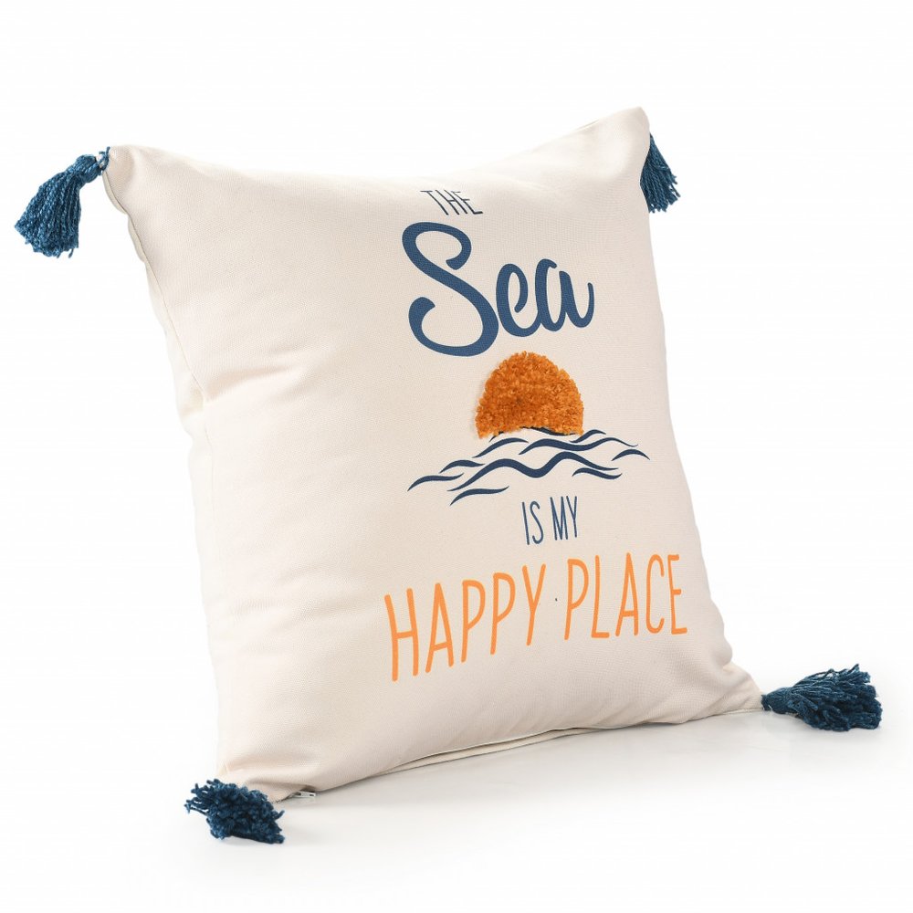 20" White Navy Blue And Yellow Fabric The sea is my happy place Text Throw Pillow with Tassels