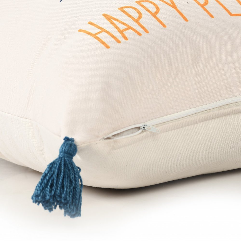 20" White Navy Blue And Yellow Fabric The sea is my happy place Text Throw Pillow with Tassels