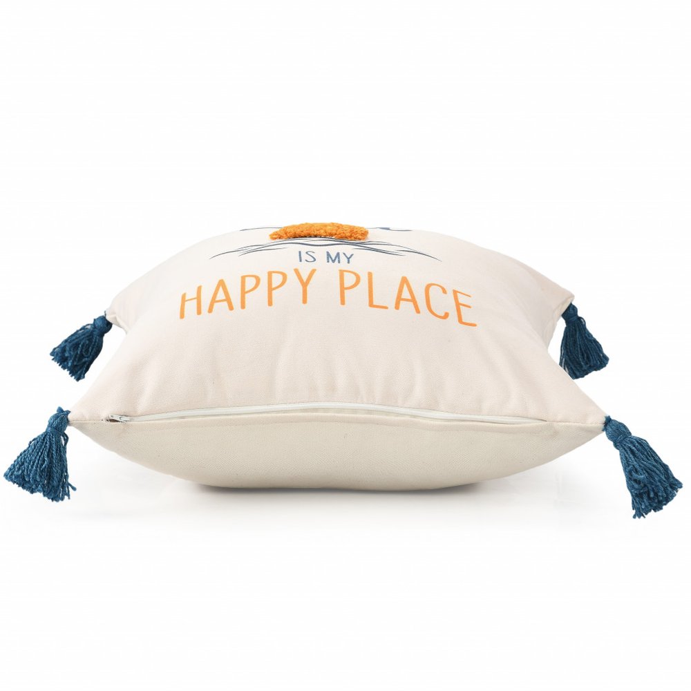 20" White Navy Blue And Yellow Fabric The sea is my happy place Text Throw Pillow with Tassels