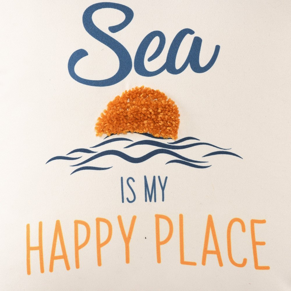 20" White Navy Blue And Yellow Fabric The sea is my happy place Text Throw Pillow with Tassels