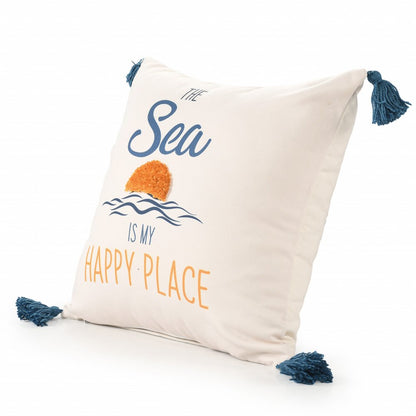 20" White Navy Blue And Yellow Fabric The sea is my happy place Text Throw Pillow with Tassels