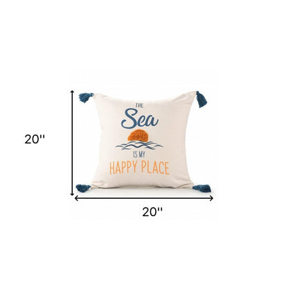 20" White Navy Blue And Yellow Fabric The sea is my happy place Text Throw Pillow with Tassels