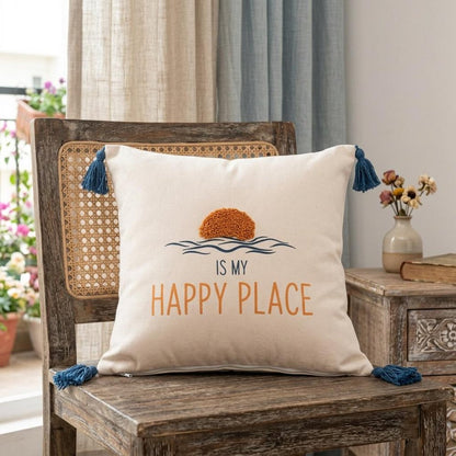 20" White Navy Blue And Yellow Fabric The sea is my happy place Text Throw Pillow with Tassels