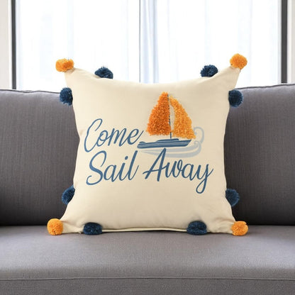 20" Natural Blue And Orange Come Sail Away Throw Pillow With Pompoms And Texture