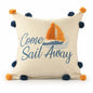 20" Natural Blue And Orange Come Sail Away Throw Pillow With Pompoms And Texture