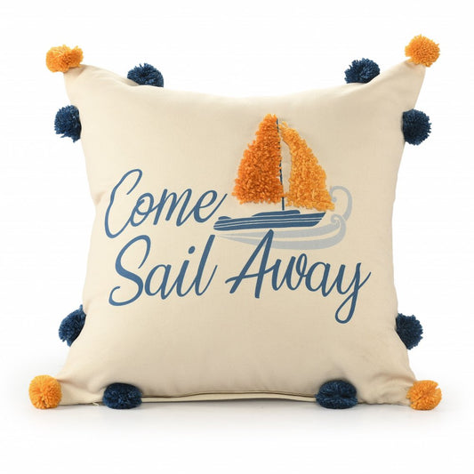 20" Natural Blue And Orange Come Sail Away Throw Pillow With Pompoms And Texture