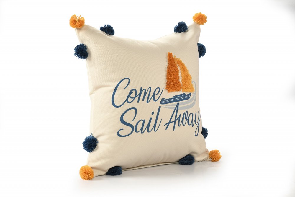 20" Natural Blue And Orange Come Sail Away Throw Pillow With Pompoms And Texture