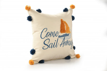 20" Natural Blue And Orange Come Sail Away Throw Pillow With Pompoms And Texture