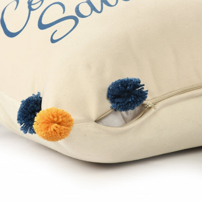 20" Natural Blue And Orange Come Sail Away Throw Pillow With Pompoms And Texture