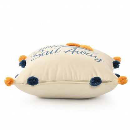 20" Natural Blue And Orange Come Sail Away Throw Pillow With Pompoms And Texture