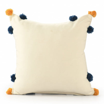 20" Natural Blue And Orange Come Sail Away Throw Pillow With Pompoms And Texture
