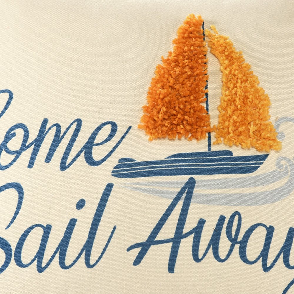 20" Natural Blue And Orange Come Sail Away Throw Pillow With Pompoms And Texture