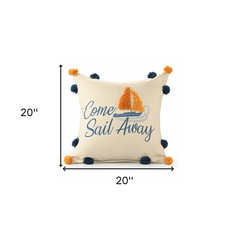 20" Natural Blue And Orange Come Sail Away Throw Pillow With Pompoms And Texture