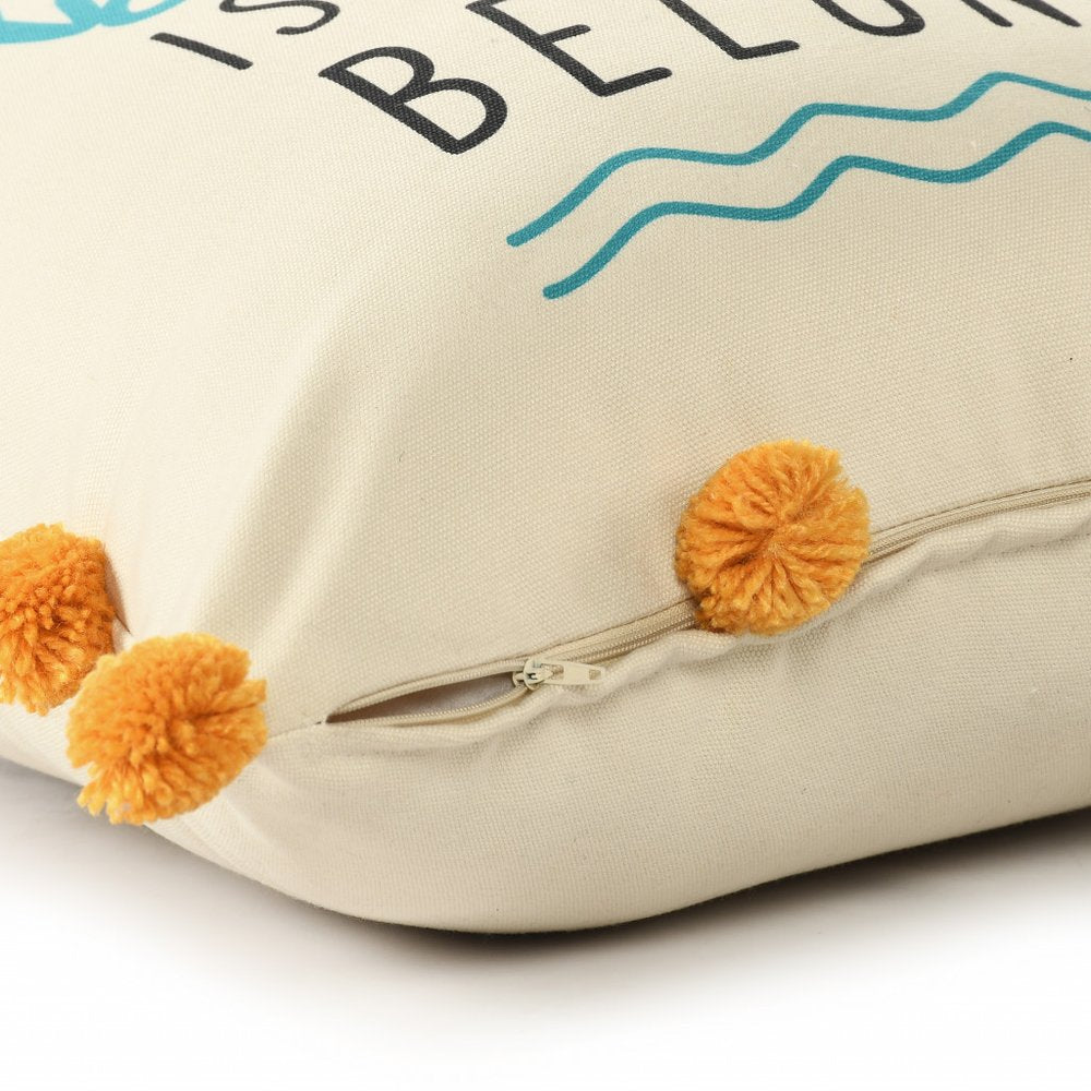 20" Natural Aqua And Orange The Beach Is Where I Belong Throw Pillow with Pompoms