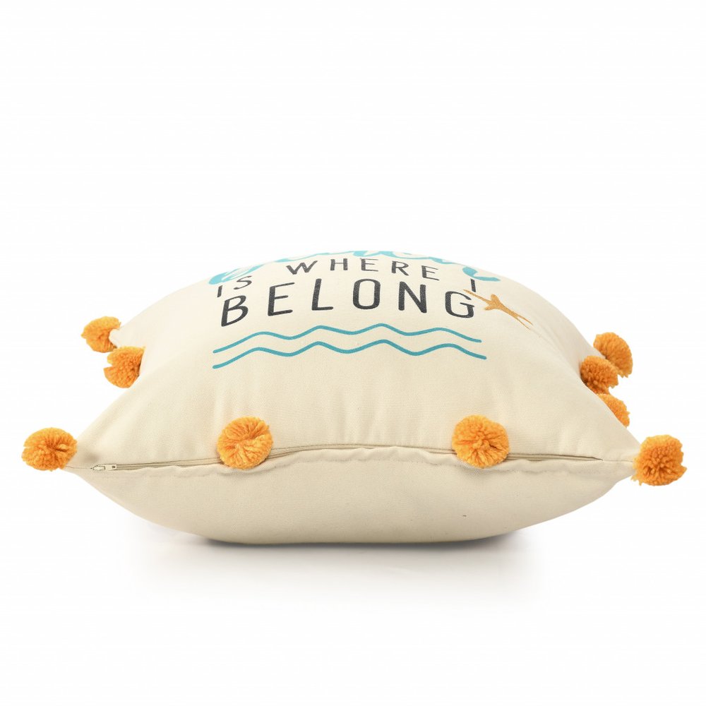 20" Natural Aqua And Orange The Beach Is Where I Belong Throw Pillow with Pompoms