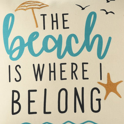 20" Natural Aqua And Orange The Beach Is Where I Belong Throw Pillow with Pompoms