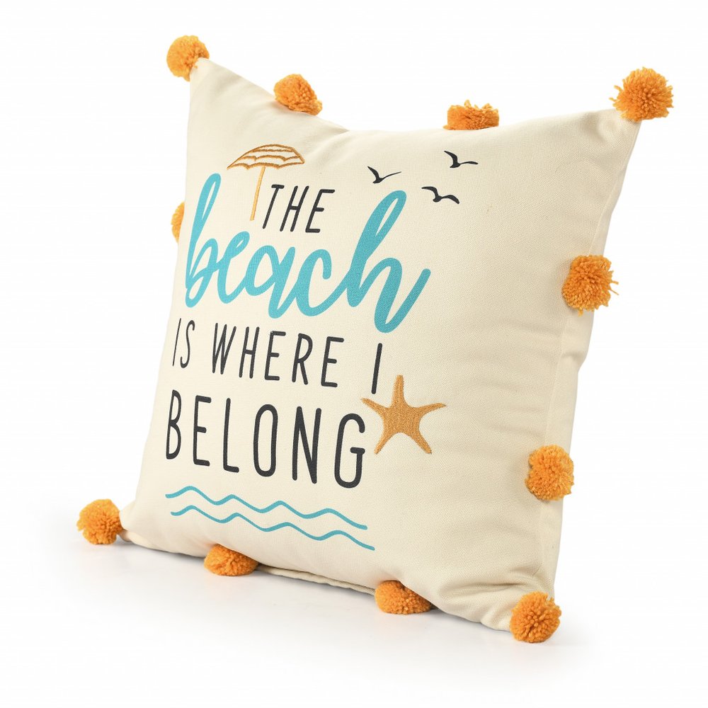 20" Natural Aqua And Orange The Beach Is Where I Belong Throw Pillow with Pompoms